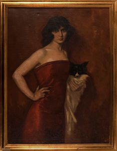 Scuola italiana, inizi secolo XX : Ritratto di gentildonna in abito rosso con cagnolino  - Asta Incanti d'arte - Associazione Nazionale - Case d'Asta italiane
