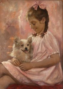 Scuola italiana, secolo XX - Ritratto di bambina con cagnolino