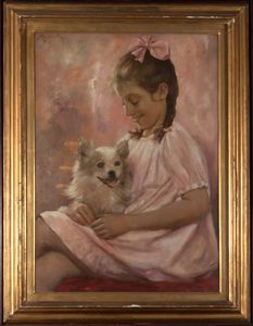 Scuola italiana, secolo XX : Ritratto di bambina con cagnolino  - Asta Incanti d'arte - Associazione Nazionale - Case d'Asta italiane