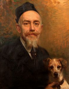 Scuola italiana, inizi secolo XX - Ritratto di anziano gentiluomo con cagnolino