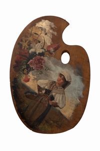 Scuola italiana, secolo XIX - Tavolozza del pittore con giovane ciociara e studio di fiori