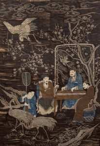 Pannello in seta ricamata raffigurante scena di corte, Giappone periodo Edo  - Asta Incanti d'arte - Associazione Nazionale - Case d'Asta italiane