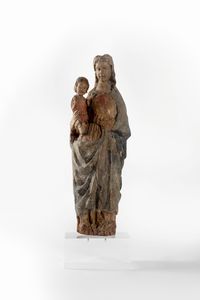 Scuola dell'Italia centrale, secolo XIV - Scultura in legno policromo raffigurante Madonna con Bambino
