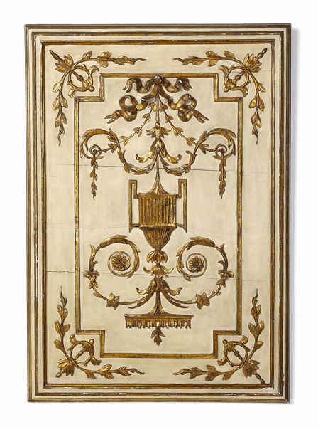 MANIFATTURA DEL XVIII-XIX SECOLO : Pannello in legno intagliato a decori vegetali, parzialmente dorato e laccato  - Asta Asta 395 | ARTE ANTICA E DEL XIX SECOLO Online - Associazione Nazionale - Case d'Asta italiane