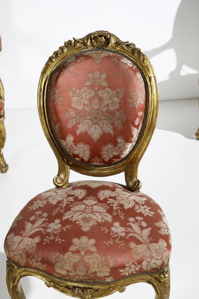 MANIFATTURA DEL XIX SECOLO : Salotto composto da cinque elementi in legno intagliato e dorato in stile Luigi XV  - Asta Asta 395 | ARTE ANTICA E DEL XIX SECOLO Online - Associazione Nazionale - Case d'Asta italiane