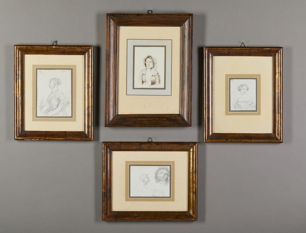 Scuola italiana del XIX secolo : Gruppo di quattro ritratti femminili e studi di volti  - Asta Asta 395 | ARTE ANTICA E DEL XIX SECOLO Online - Associazione Nazionale - Case d'Asta italiane