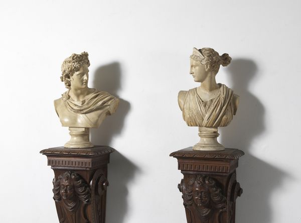 MANIFATTURA DEL XX SECOLO : Coppia di busti in gesso raffiguranti l'Apollo del Belvedere e la Diana di Versailles, su piedistalli in legno scolpito  - Asta Asta 395 | ARTE ANTICA E DEL XIX SECOLO Online - Associazione Nazionale - Case d'Asta italiane