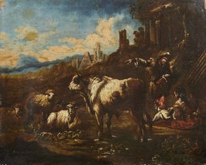 PHILIPP PETER ROOS DETTO ROSA DA TIVOLI  (1657 - 1706) - Paesaggio con rovine, armenti e pastore