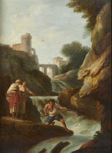 ARTISTA DEL XVIII SECOLO - Paesaggio con torrente e pescatori