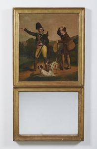 ARTISTA DEL XIX SECOLO - Specchio da camino con dipinto raffigurante scena di caccia