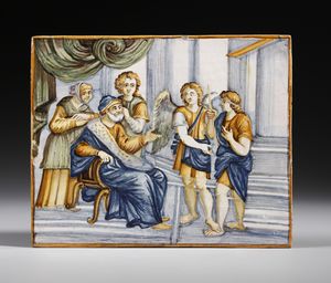CASTELLI D'ABRUZZO, XVIII SECOLO - Placca in maiolica policroma raffigurante scena biblica