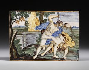 CASTELLI D'ABRUZZO, XVIII SECOLO - Placca in maiolica policroma raffigurante Caino e Abele