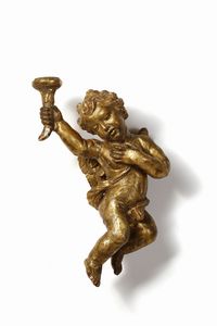SCULTORE CENTROITALIANO DEL XVII-XVIII SECOLO : Coppia di putti alati in legno scolpito e dorato raffigurati nell'atto di reggere delle cornucopie  - Asta Asta 395 | ARTE ANTICA E DEL XIX SECOLO Online - Associazione Nazionale - Case d'Asta italiane