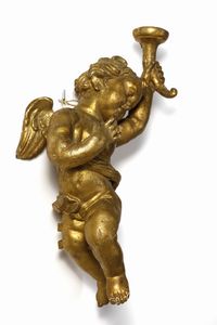 SCULTORE CENTROITALIANO DEL XVII-XVIII SECOLO : Coppia di putti alati in legno scolpito e dorato raffigurati nell'atto di reggere delle cornucopie  - Asta Asta 395 | ARTE ANTICA E DEL XIX SECOLO Online - Associazione Nazionale - Case d'Asta italiane