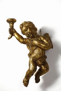 SCULTORE CENTROITALIANO DEL XVII-XVIII SECOLO : Coppia di putti alati in legno scolpito e dorato raffigurati nell'atto di reggere delle cornucopie  - Asta Asta 395 | ARTE ANTICA E DEL XIX SECOLO Online - Associazione Nazionale - Case d'Asta italiane