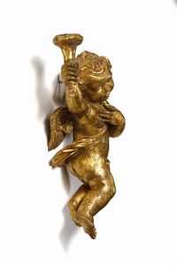 SCULTORE CENTROITALIANO DEL XVII-XVIII SECOLO : Coppia di putti alati in legno scolpito e dorato raffigurati nell'atto di reggere delle cornucopie  - Asta Asta 395 | ARTE ANTICA E DEL XIX SECOLO Online - Associazione Nazionale - Case d'Asta italiane