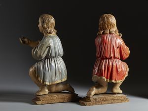 SCULTORE ITALIANO DEL XVIII SECOLO : Coppia di angeli annuncianti in legno policromo  - Asta Asta 395 | ARTE ANTICA E DEL XIX SECOLO Online - Associazione Nazionale - Case d'Asta italiane