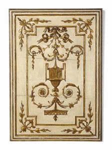 MANIFATTURA DEL XVIII-XIX SECOLO - Pannello in legno intagliato a decori vegetali, parzialmente dorato e laccato
