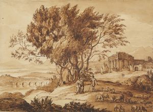 ARTISTA VENETO DEL XVIII SECOLO - Paesaggio arcadico con rovine e personaggi