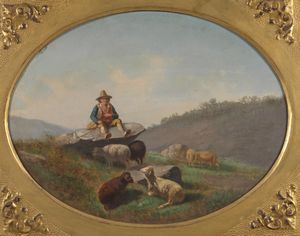PALIZZI FILIPPO (1818 - 1899) - Copia da. Paesaggio con contadino e armenti