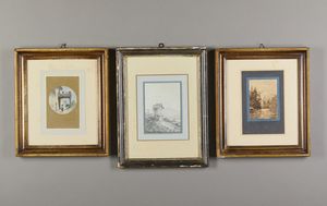 Scuola italiana del XIX secolo - Gruppo di tre opere su carta raffiguranti un paesaggio mediterraneo con iscrizione a Carlo Raimondi (1809-1883) e due paesaggi montani