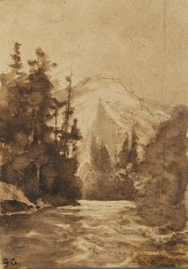 Scuola italiana del XIX secolo : Gruppo di tre opere su carta raffiguranti un paesaggio mediterraneo con iscrizione a Carlo Raimondi (1809-1883) e due paesaggi montani  - Asta Asta 395 | ARTE ANTICA E DEL XIX SECOLO Online - Associazione Nazionale - Case d'Asta italiane