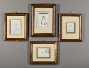 Scuola italiana del XIX secolo - Gruppo di quattro ritratti femminili e studi di volti