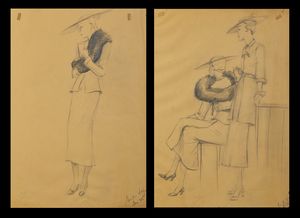 ARTISTA DEL XX SECOLO - Due studi di figure femminili in abbigliamento anni '30