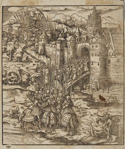 BURGKMAIR HANS (1473 - 1531) - Un drappello di cavalieri entra in una città fortificata