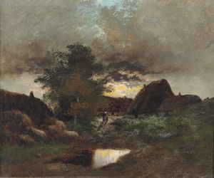 DUPR� JULES (1811 - 1889) - Paesaggio notturno con personaggi