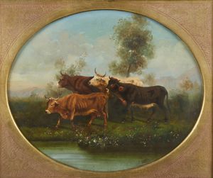 MILONE ANTONIO (1834 - 1919) - Buoi presso uno specchio d'acqua