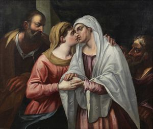 ARTISTA NORDEUROPEO DEL XVI SECOLO - Visitazione di SS.Maria a S.Elisabetta, con i Santi Giuseppe e Zaccaria