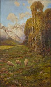 MAZZOLANI BRUTO (1880 - 1949) - Paesaggio montano con gregge