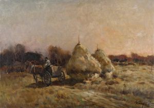 KARPOFF IVAN (1898 - 1970) - Paesaggio russo con contadino e carro