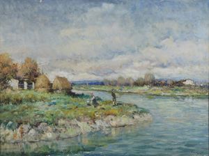 KARPOFF IVAN (1898 - 1970) - Paesaggio fluviale con personaggi