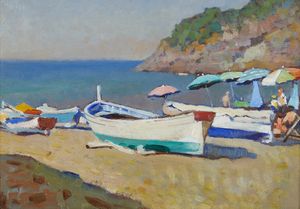 FILIPPELLI CAFIERO (1889 - 1973) : Barche sulla spiaggia di Bonassola  - Asta Asta 395 | ARTE ANTICA E DEL XIX SECOLO Online - Associazione Nazionale - Case d'Asta italiane