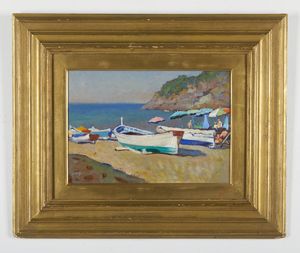 FILIPPELLI CAFIERO (1889 - 1973) : Barche sulla spiaggia di Bonassola  - Asta Asta 395 | ARTE ANTICA E DEL XIX SECOLO Online - Associazione Nazionale - Case d'Asta italiane