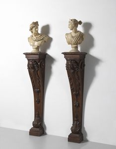 MANIFATTURA DEL XX SECOLO : Coppia di busti in gesso raffiguranti l'Apollo del Belvedere e la Diana di Versailles, su piedistalli in legno scolpito  - Asta Asta 395 | ARTE ANTICA E DEL XIX SECOLO Online - Associazione Nazionale - Case d'Asta italiane