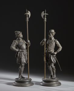 BRONZISTA DEL XIX-XX SECOLO - Coppia di armigeri in abiti rinascimentali