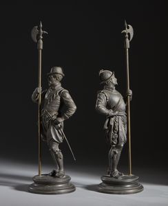 BRONZISTA DEL XIX-XX SECOLO : Coppia di armigeri in abiti rinascimentali  - Asta Asta 395 | ARTE ANTICA E DEL XIX SECOLO Online - Associazione Nazionale - Case d'Asta italiane