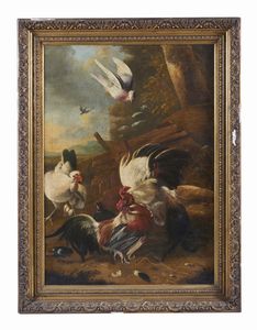 ARTISTA FIAMMINGO DEL XVII SECOLO : Galli che lottano e altri volatili  - Asta Asta 395 | ARTE ANTICA E DEL XIX SECOLO Online - Associazione Nazionale - Case d'Asta italiane