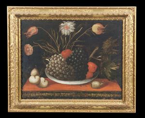 ARTISTA SPAGNOLO DEL XVII SECOLO : Coppia di dipinti raffiguranti nature morte con fiori e frutta  - Asta Asta 395 | ARTE ANTICA E DEL XIX SECOLO Online - Associazione Nazionale - Case d'Asta italiane