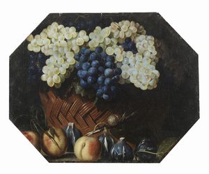 ARTISTA DEL XVII SECOLO - Natura morta con uva, pesche, fichi e lumaca