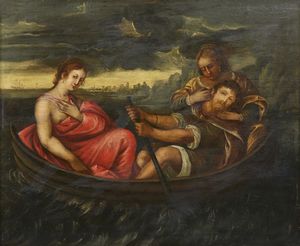 ARTISTA DEL XVII SECOLO - Scena allegorica con personaggi in una marina