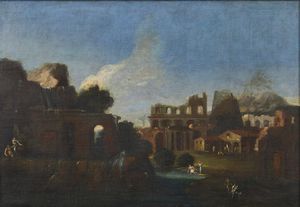 ARTISTA DEL XVII SECOLO - Paesaggio con rovine e personaggi