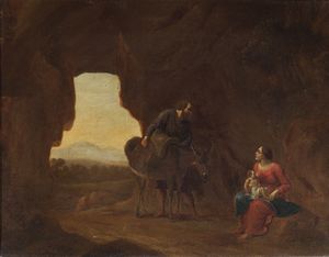 Pittore bambocciante del XVII secolo - Riposo durante la fuga in Egitto