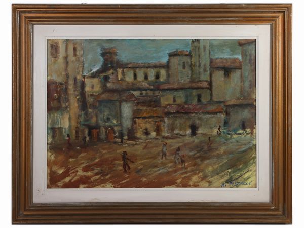Adolfo Pistelli : Scorcio di citt� e Personaggi  - Asta L'Arte di Arredare - Associazione Nazionale - Case d'Asta italiane
