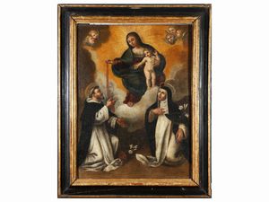 Scuola toscana del XVIII secolo - Madonna del Rosario con San Domenico di Guzman e Santa Caterina da Siena