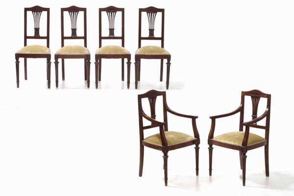 Salotto Liberty composto da due poltrone e quattro sedie in legno  - Asta Antiquariato febbraio - Associazione Nazionale - Case d'Asta italiane