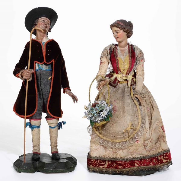 Coppia di giovani pastori Terracotta e legno policromo, stoffa e vetro Genova (?) fine del XVIII secolo  - Asta Antiquariato febbraio - Associazione Nazionale - Case d'Asta italiane